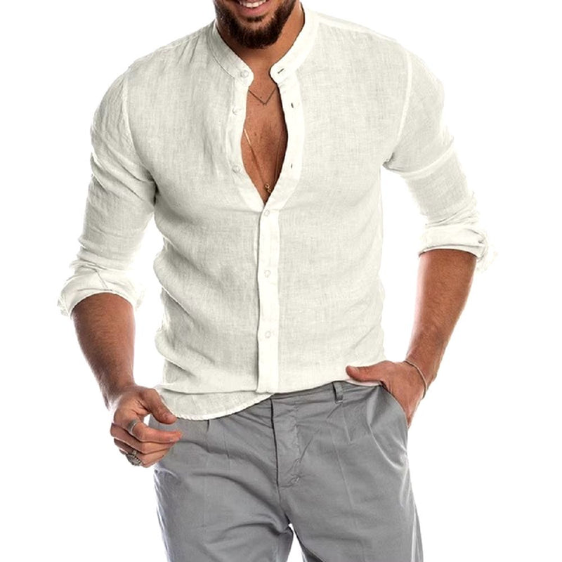 Camisa Solid Casual Masculina em Linho e Algodão