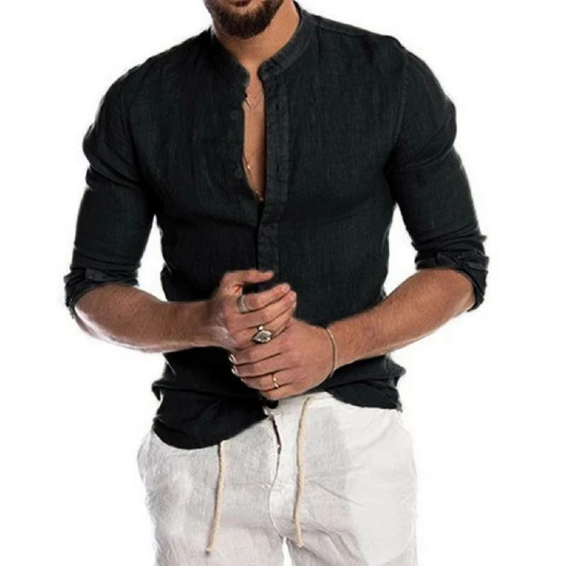 Camisa Solid Casual Masculina em Linho e Algodão