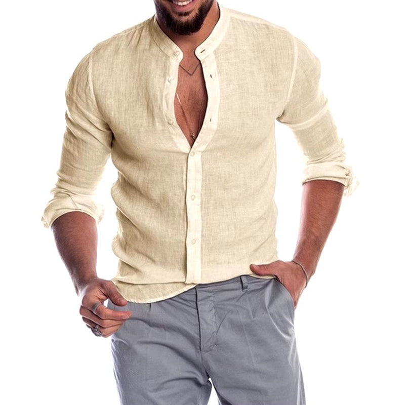 Camisa Solid Casual Masculina em Linho e Algodão