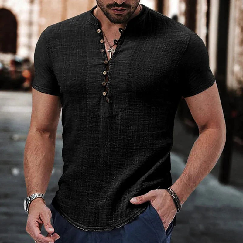 Camisa Casual Decotada em Linho de Algodão Masculina