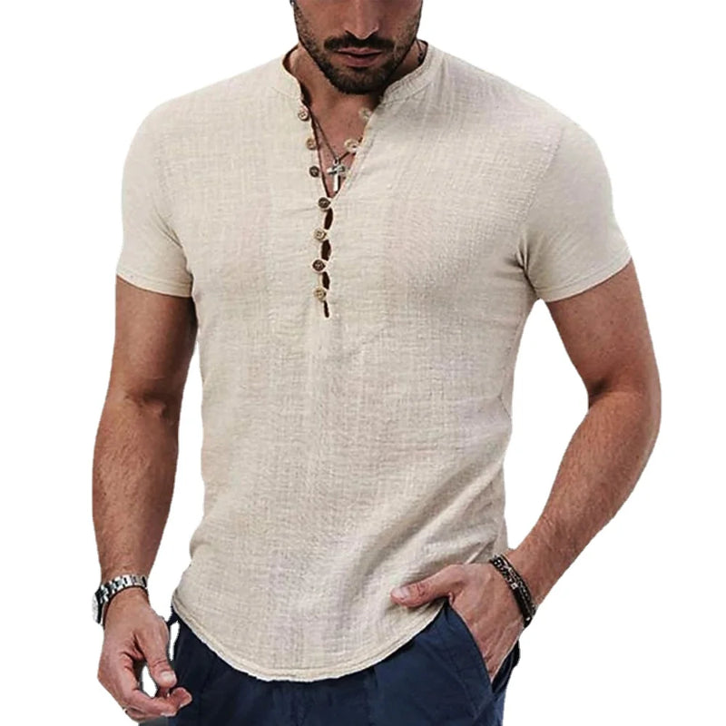 Camisa Casual Decotada em Linho de Algodão Masculina