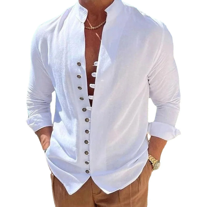 Camisa Casual Retrô em Linho de Algodão Masculina