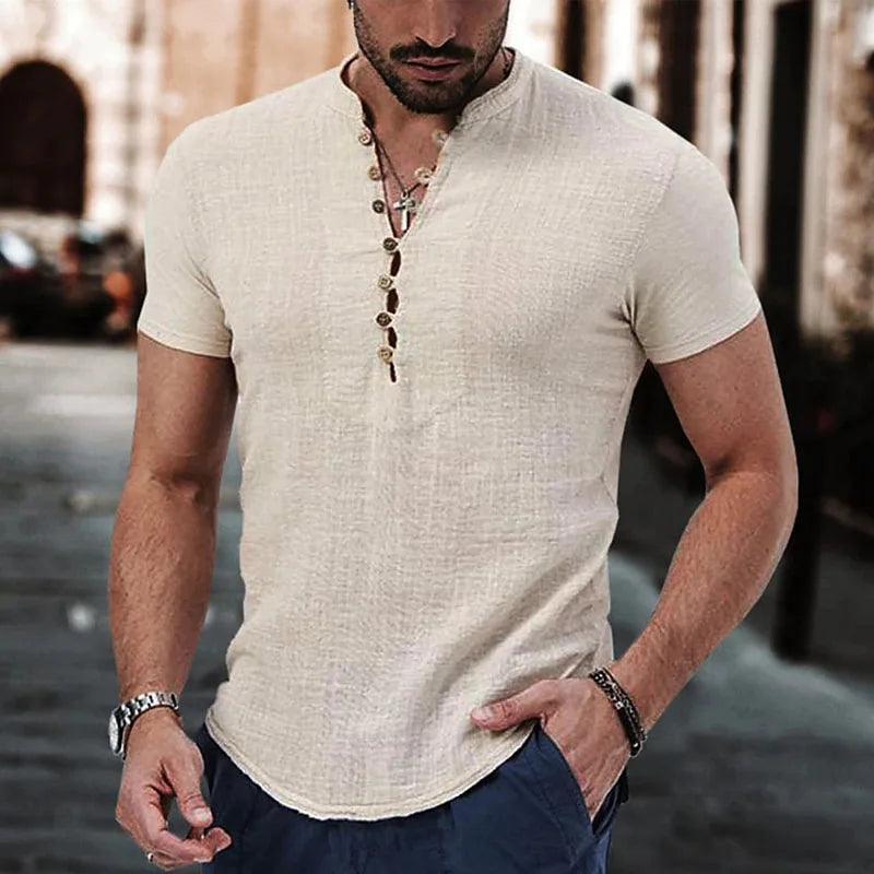 Camisa Casual Decotada em Linho de Algodão Masculina